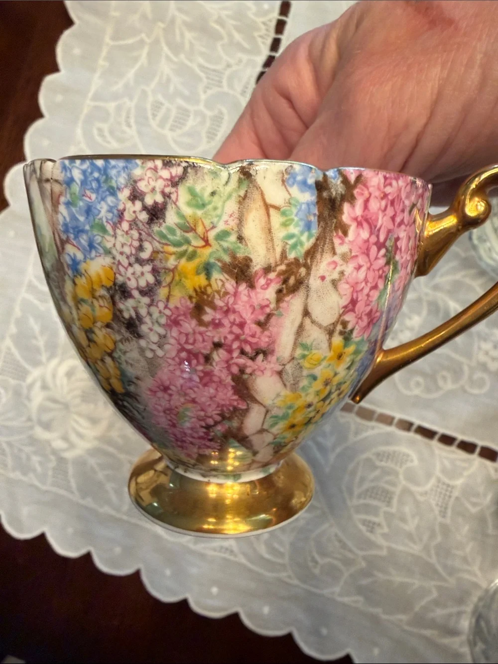 Floral Gold-Trim Porcelain Teacup and Saucer - Pink, Yellow, Blue
